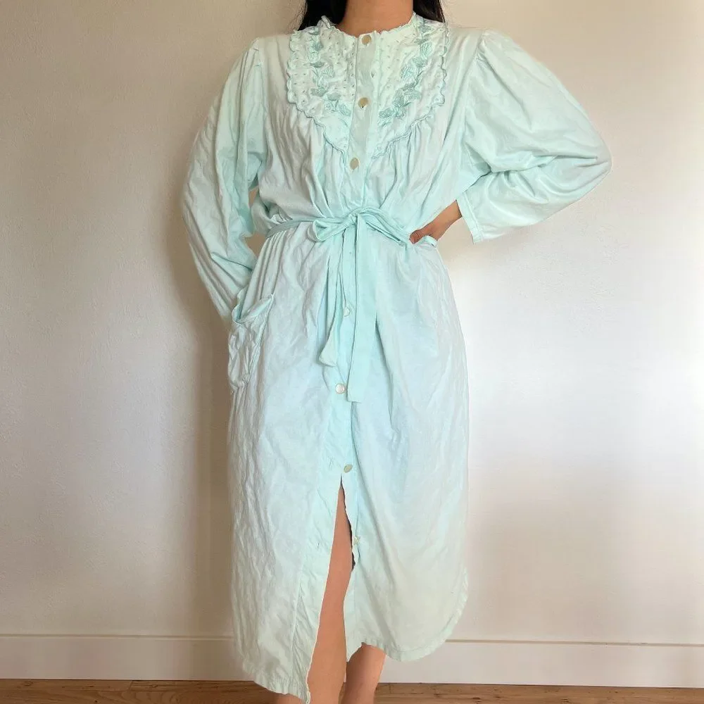 Vintage 1970s soft knit green long sleeve robe embroidered yoke detail medium - Picture 5 of 10